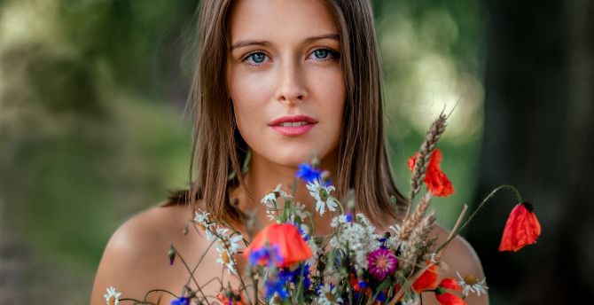 Beautiful eyes, girl model, flowers wallpaper