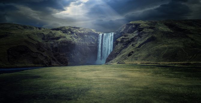 skógafoss waterfalls of Iceland, cliffs, green landscape, nature wallpaper