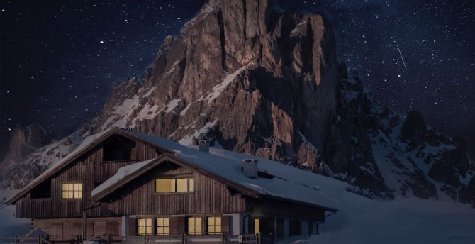 House and mountain, night, winter wallpaper