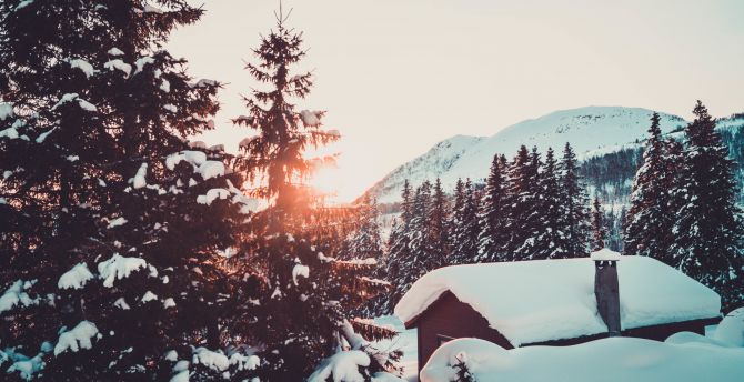 Cabin, winter, snowfall, tree and mountains, sunrise wallpaper