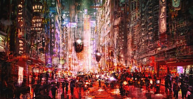 Dense, cityscape, cyberpunk, fantasy, art wallpaper