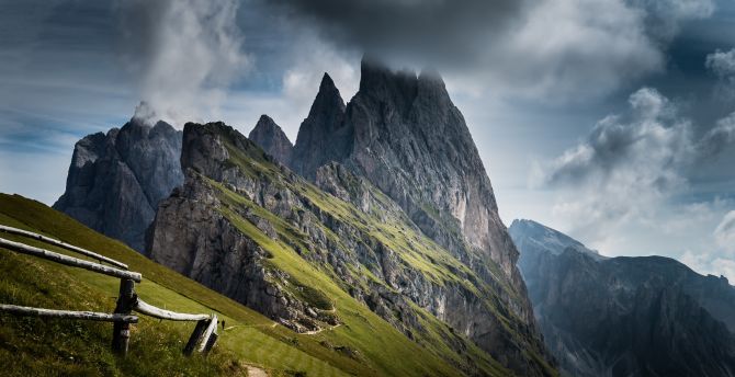Mountains, landscape, cliff, clouds, nature wallpaper
