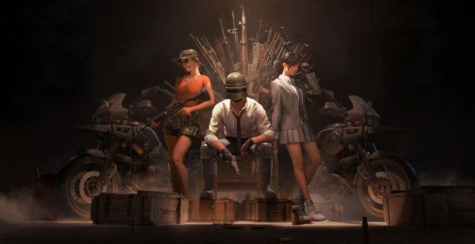 PUBG, Helmet guy with girls, guns throne, video game wallpaper