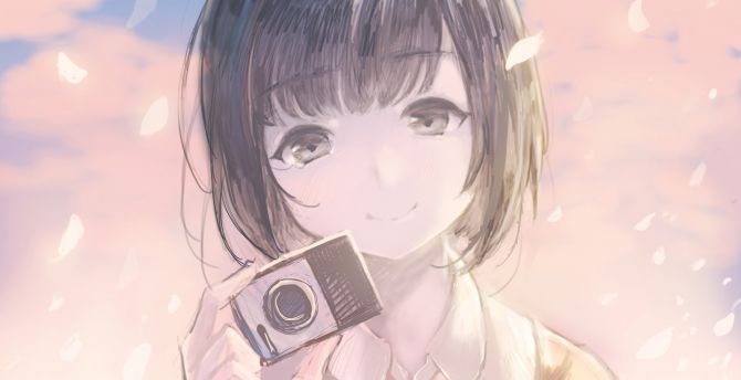 Anime girl, camera, cute wallpaper