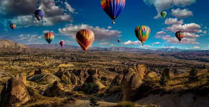 Landscape, hot air bolloons, valley, hills, colorful wallpaper