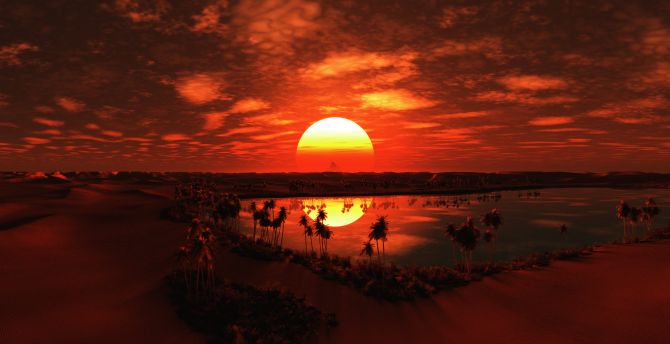 Sunset, red sky, aerial view, tropical red, landscape wallpaper