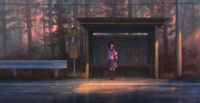 School girl, waiting for bus, rain, outdoor wallpaper