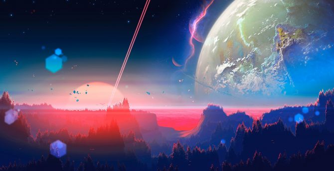 Outer space, fantasy, horizon, planet, art wallpaper