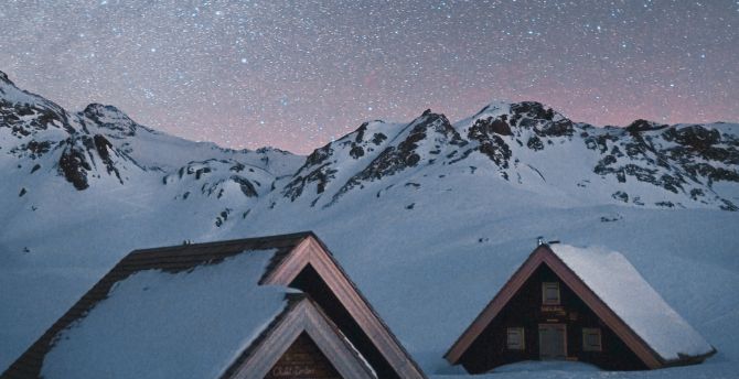Winter, landscape, houses, mountains wallpaper