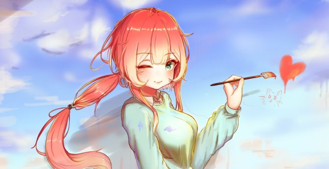 Anime girl, drawing with brush, redhead, art wallpaper