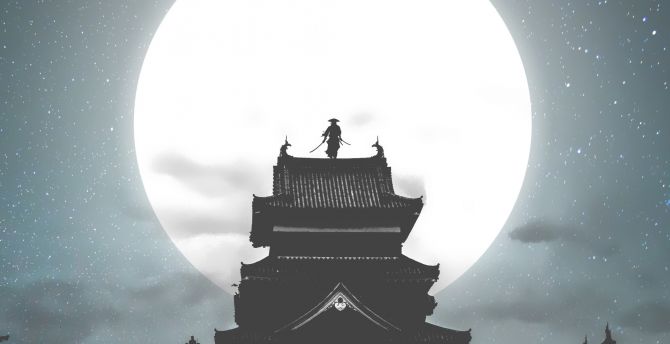 Moon, house, samurai, warrior, night, art wallpaper