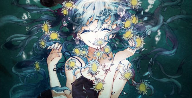 Hatsune Miku, flowers, underwater, art wallpaper