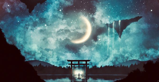 Fantasy, moon, gate, clouds, art wallpaper