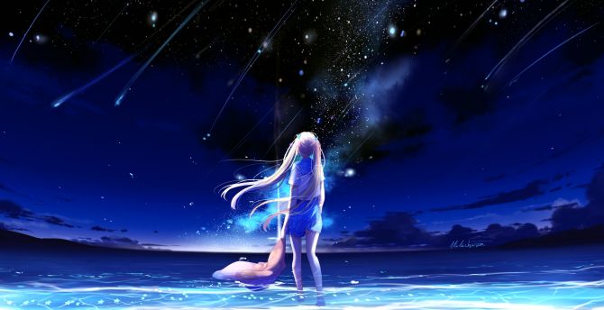 Anime girl, outdoor, night, starfall wallpaper