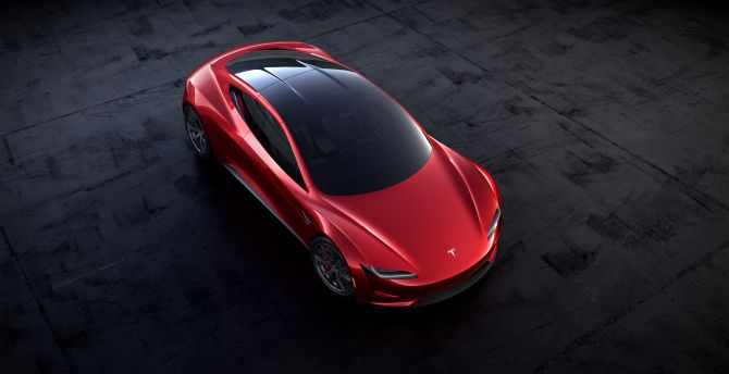 Tesla roadster, 2018, red car, top view wallpaper