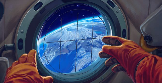 Spacecraft window, astronaut wallpaper