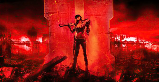 Call of Duty: Black Ops II, girl character with gun, red wallpaper