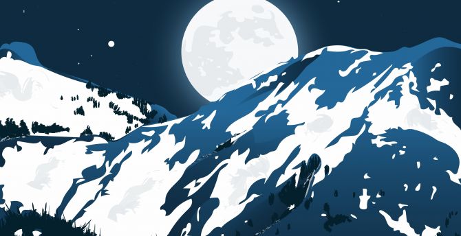 Moon, night, mountains, artwork wallpaper
