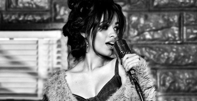 Camila Cabello, microphone, Guess, monochrome wallpaper
