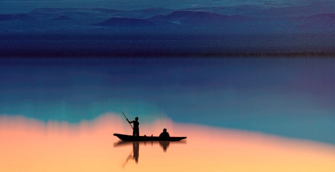 Lake, silhouette, fishing, horizon, sunset wallpaper