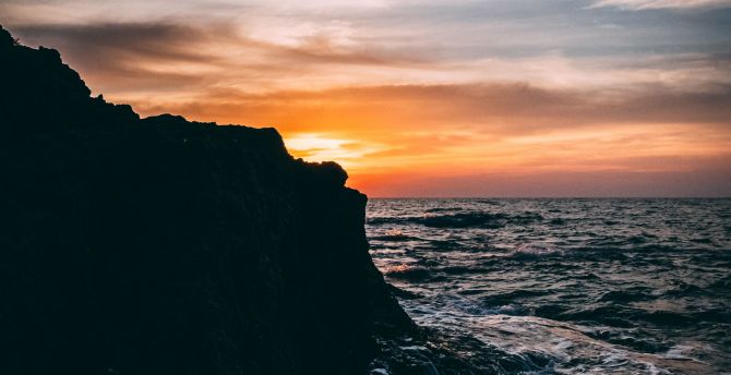 Sunset, coast, rocks, sea, nature, dark wallpaper