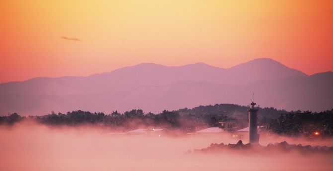 Dawn, sunrise, lighthouse, horizon, mountains, mist wallpaper