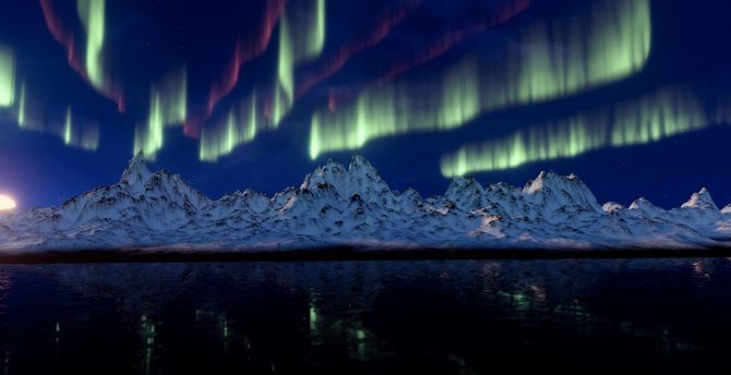 Aurora, Northern lights, mountains, reflections wallpaper