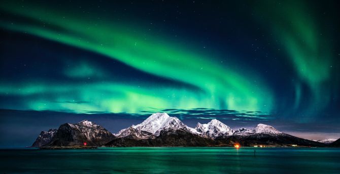 Aurora Borealis, green lights, sky, night, Europe wallpaper
