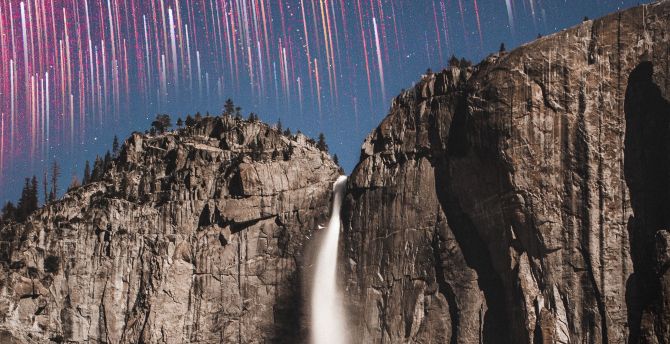 Star trails, rock cliff waterfall wallpaper