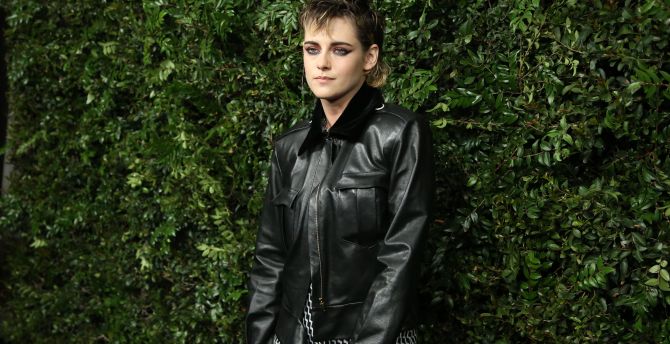 Short hair, leather jacket, black, Kristen Stewart wallpaper