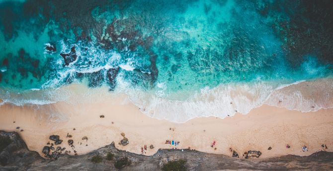 Desktop wallpaper exotic beach, blue-green sea, aerial view, hd image