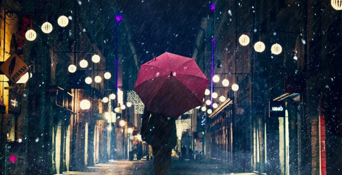 Silhouette, man with an umbrella, walk, umbrella, street, night, city wallpaper