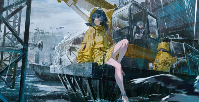 Anime girls on boat, rain, original wallpaper