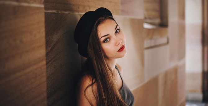 Brunette, small cap, girl model, portrait wallpaper