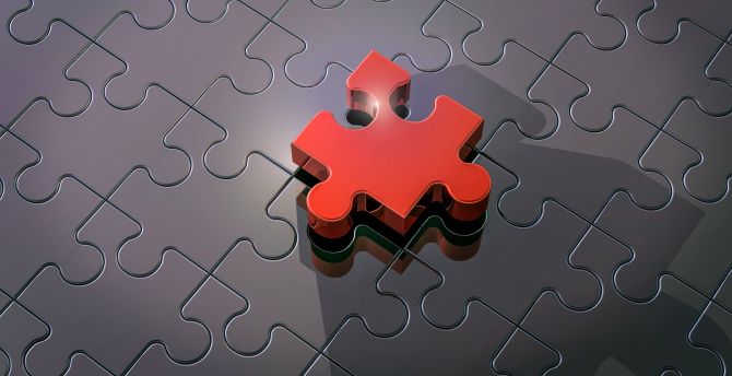 Puzzle, red piece, glow, digital art wallpaper