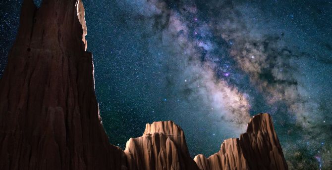 Starry sky, Cathedral Gorge State Park, cliff, sky, milky way wallpaper