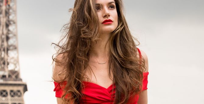 Woman model, outdoor, brunette, red dress wallpaper