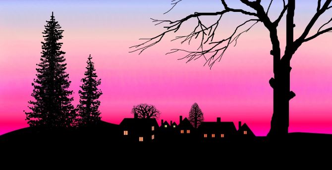 Afterglow, night, silhouette, house, tree wallpaper