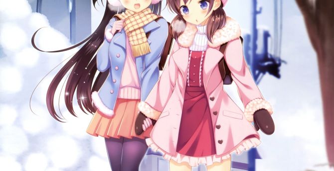 Winter, outdoor, girls, anime, friends wallpaper