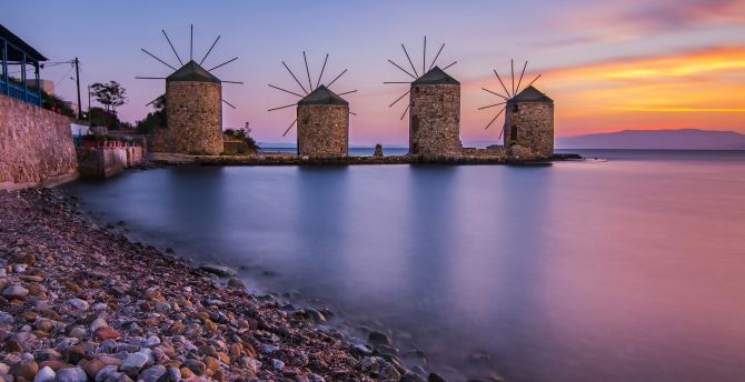 Windmill, coast, sunset, pebbles, sea wallpaper