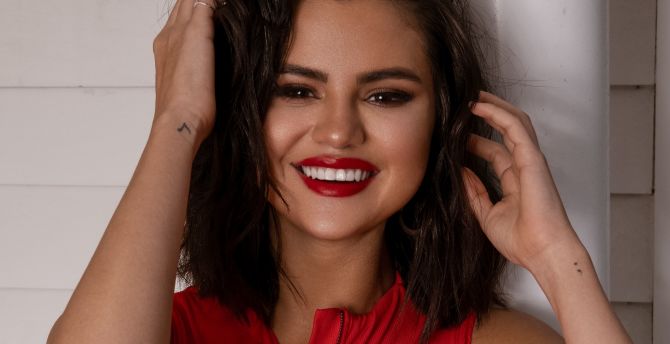 Smile, red lips, Selena Gomez, 2019 wallpaper