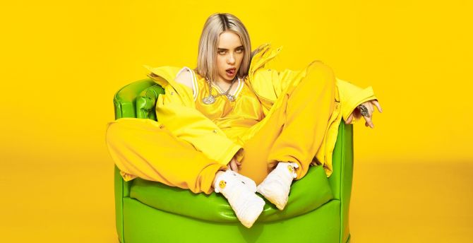 Billie Eilish, pretty singer, yellow outfit, 2020 wallpaper