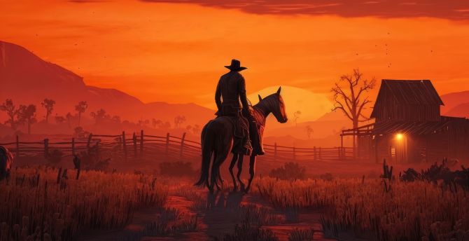 Arthur Morgan, Evening Ride on Horse, landscape, sunset wallpaper