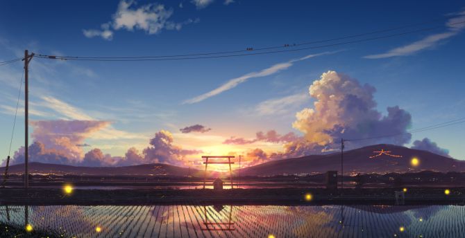Farms, landscape, village, sunset, anime wallpaper