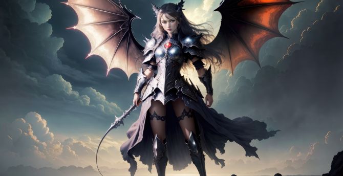 Dragon girl with wings, pretty devil, fantasy wallpaper