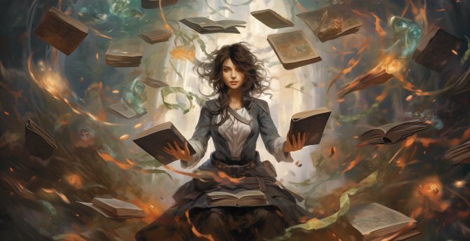 Magician girl with books, spells, fantasy wallpaper