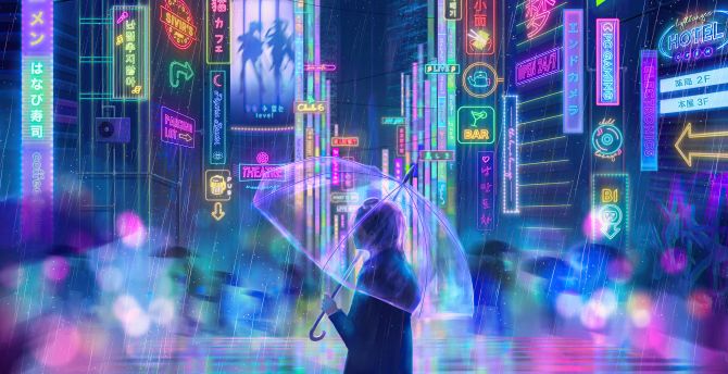Glowing city, neon, girl with umbrella, original, artwork wallpaper