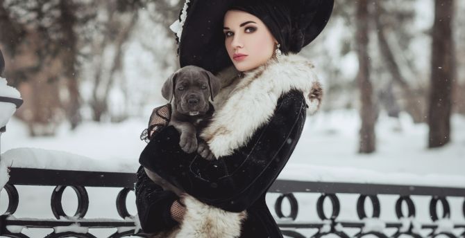 Black clothing, winter, girl model with dog, puppy wallpaper