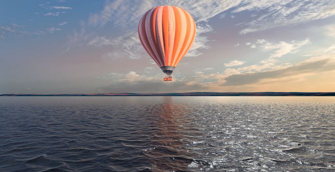 Hot air balloon over lake, body of water, sky wallpaper