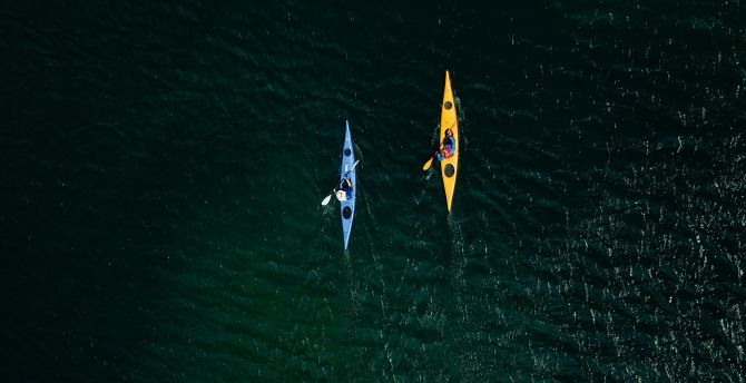 Drone view, two boat surfing, sea wallpaper